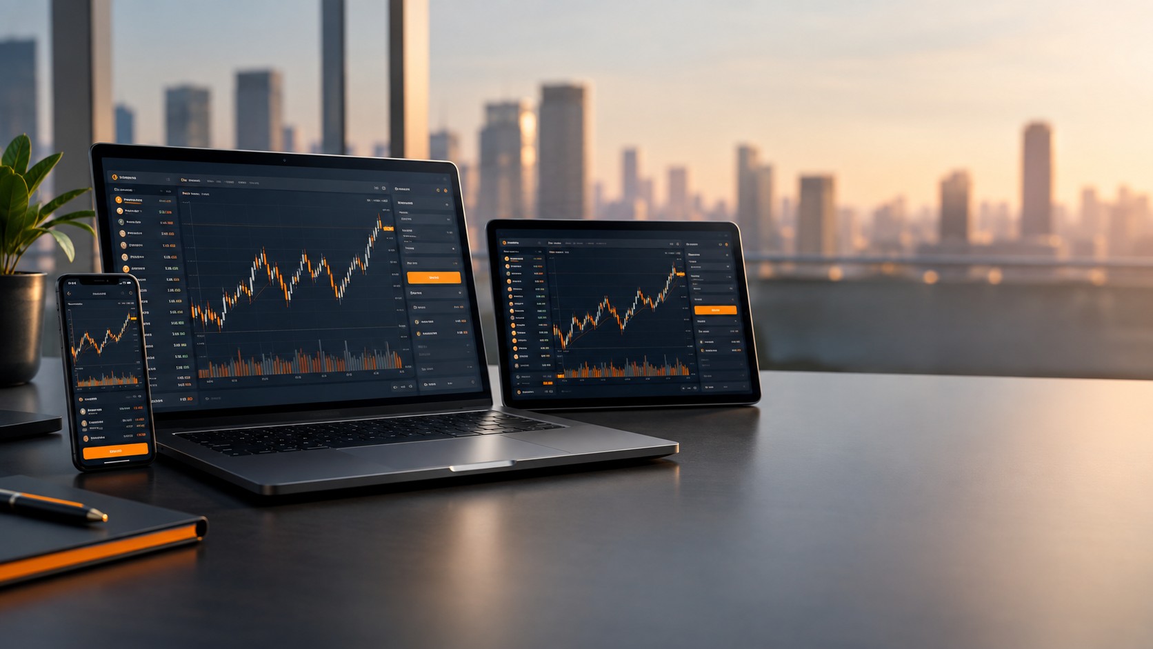 Laptop tablet and phone showing the same trading platform