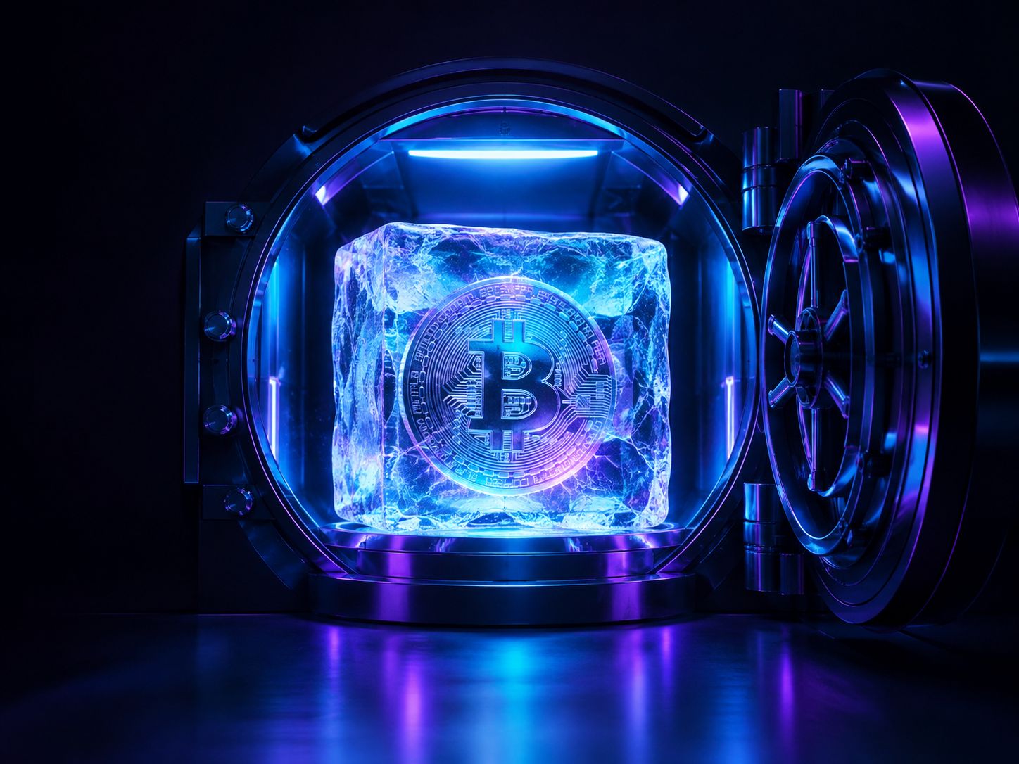 Frozen ice block encasing a crypto coin in a secure vault