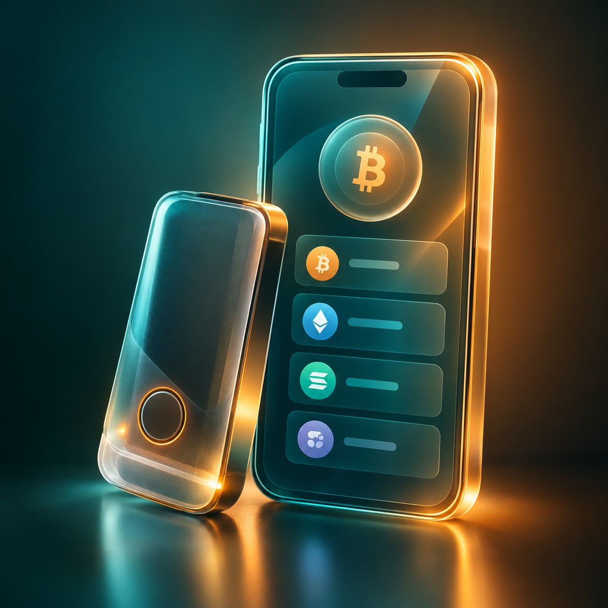 Sleek hardware crypto wallet device next to a smartphone wallet app