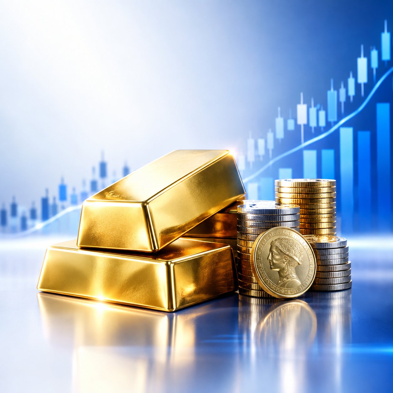 Gold bars next to currency coins with a price chart backdrop