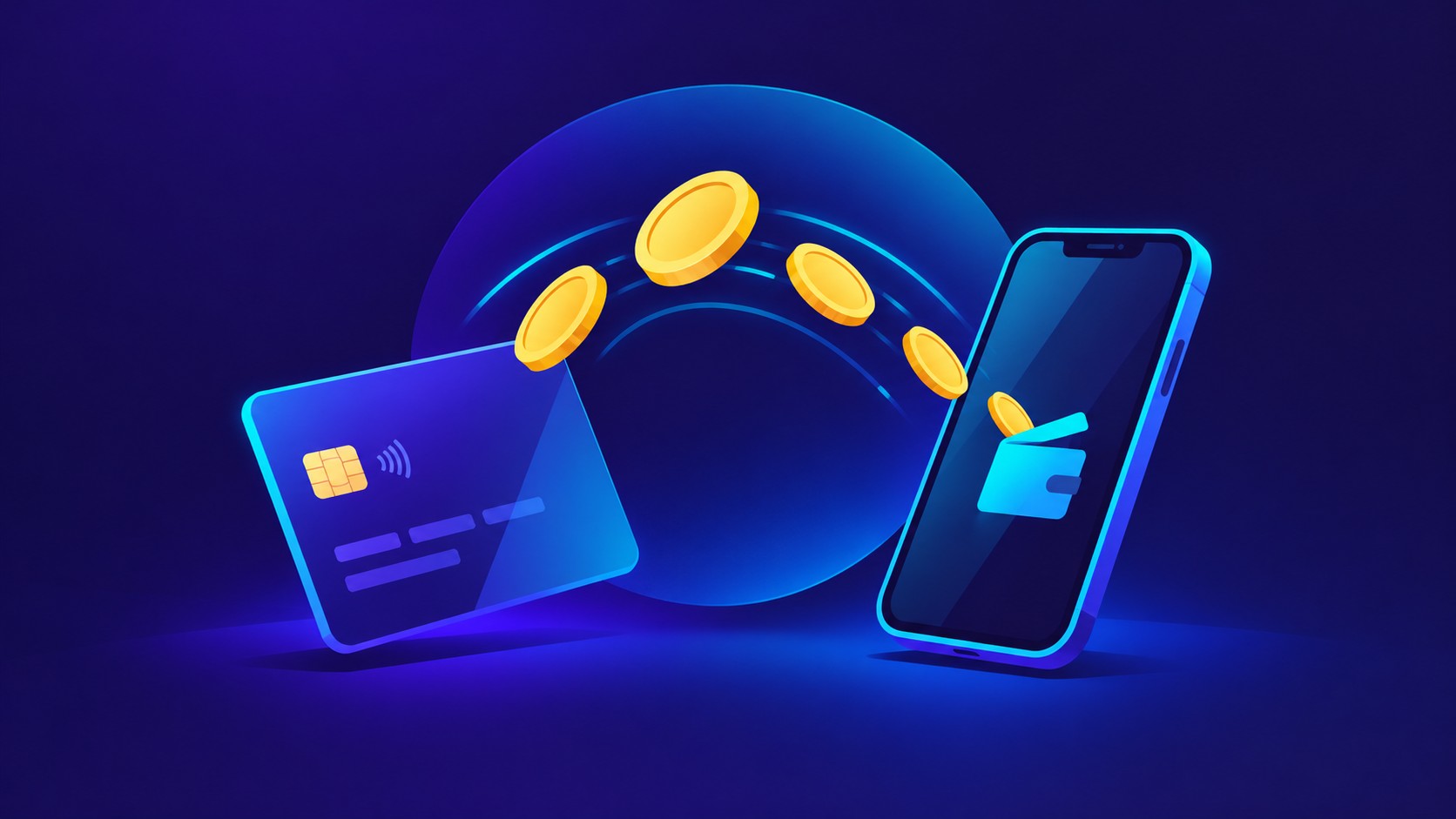Coins flowing between a bank card and a phone