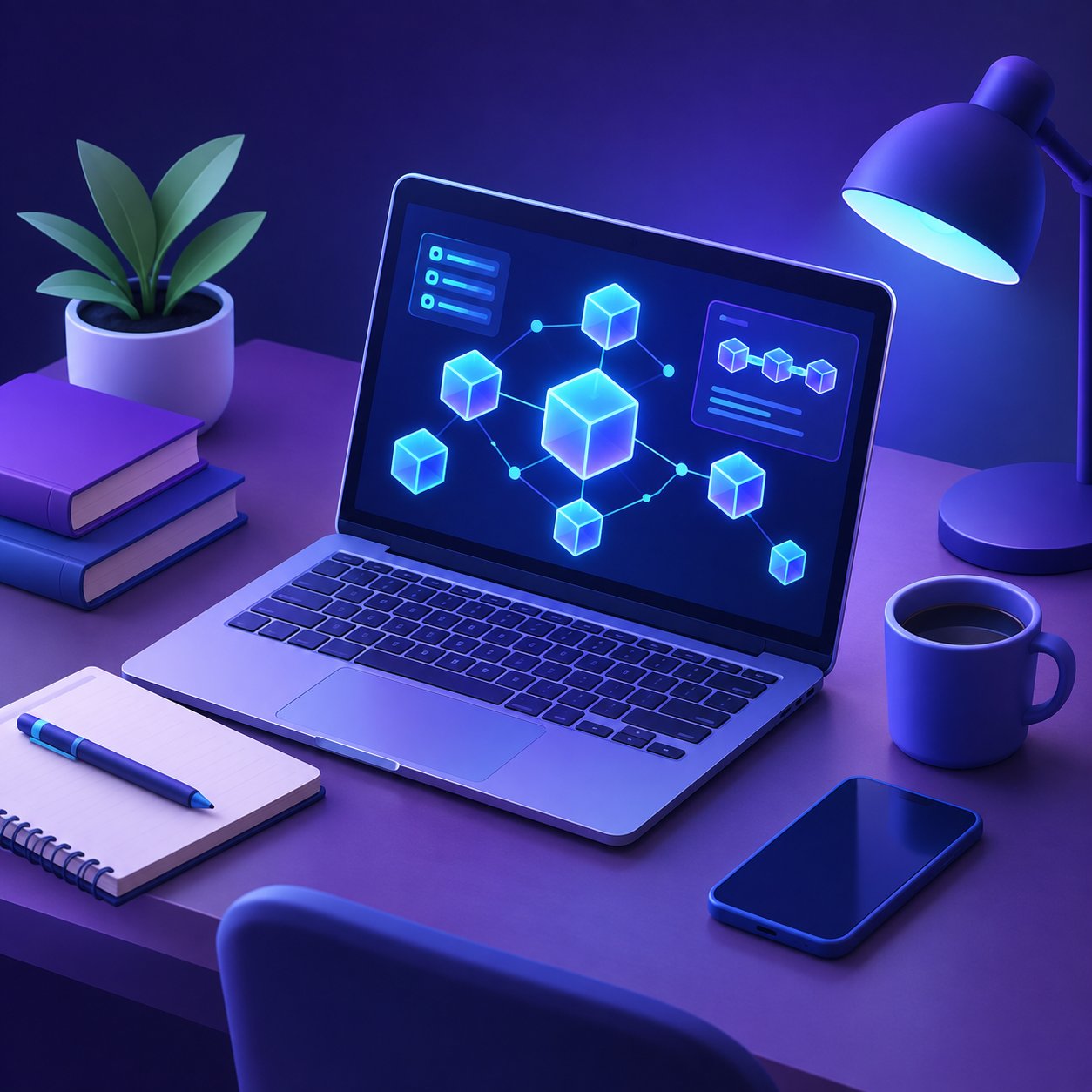 Student laptop showing blockchain diagrams in a cozy study