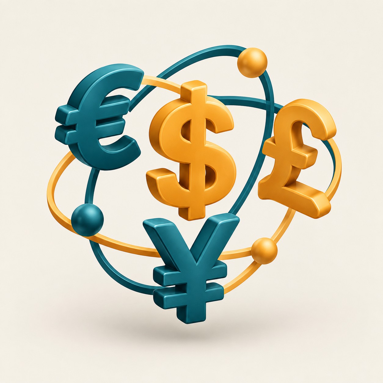 Floating 3d currency symbols of the dollar euro pound and yen orbiting each other